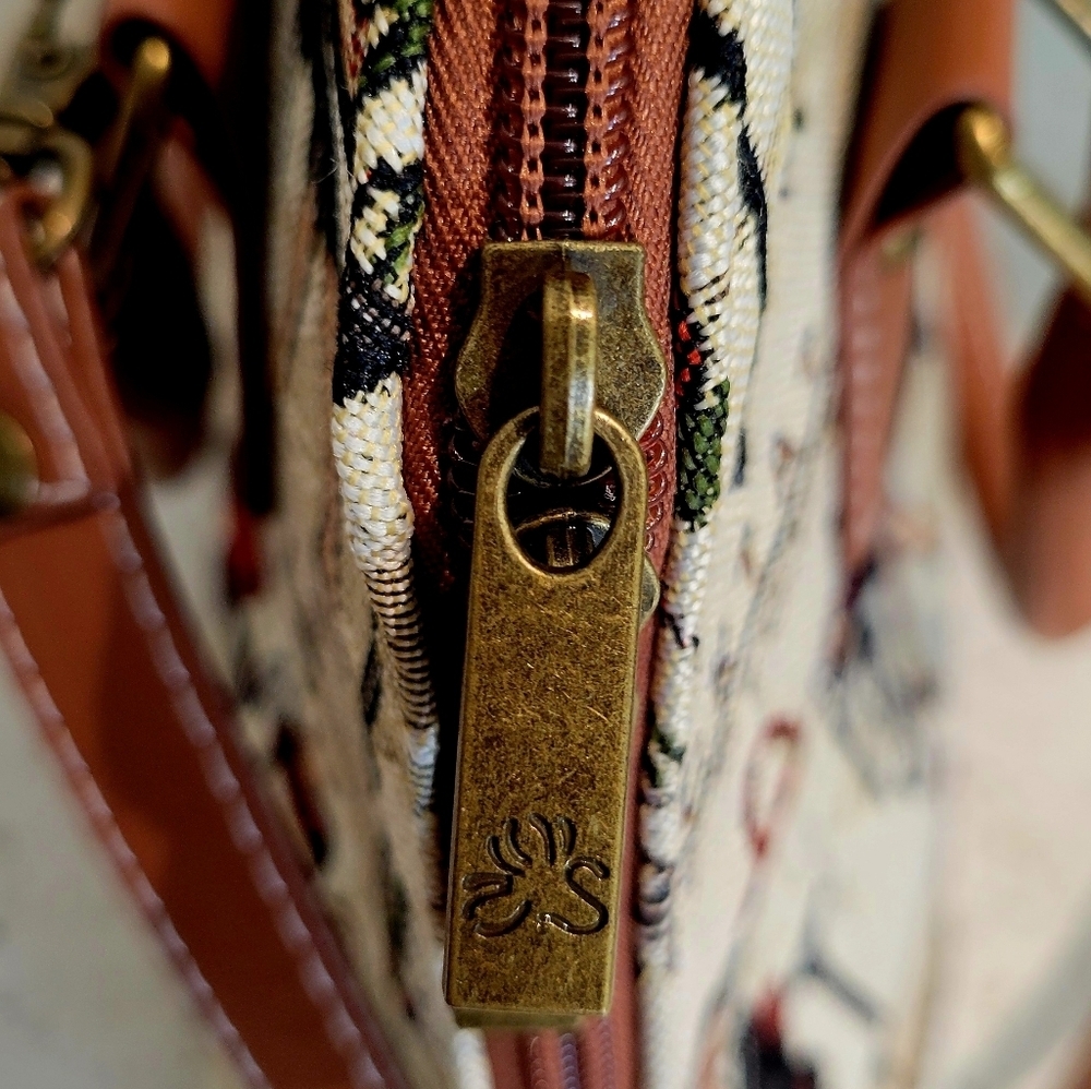 Signore Paris Bistro Print Satchel | Brown Cream Travel Style Purse - Picture 5 of 8